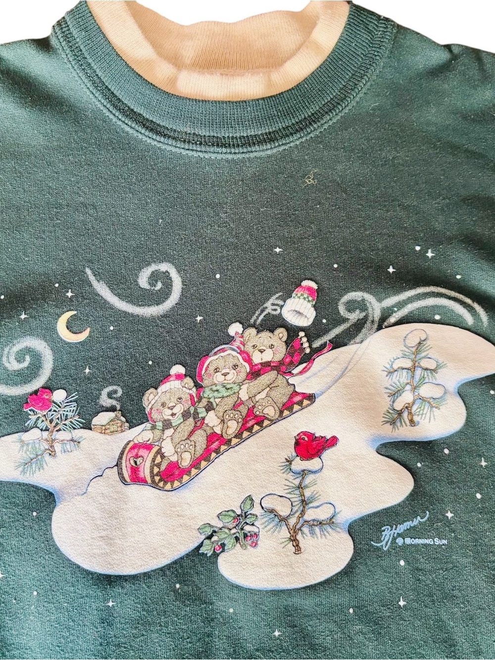 Vintage 90s Morning Sun Granny Core Winter Sweatshirt with Sledding Bears
